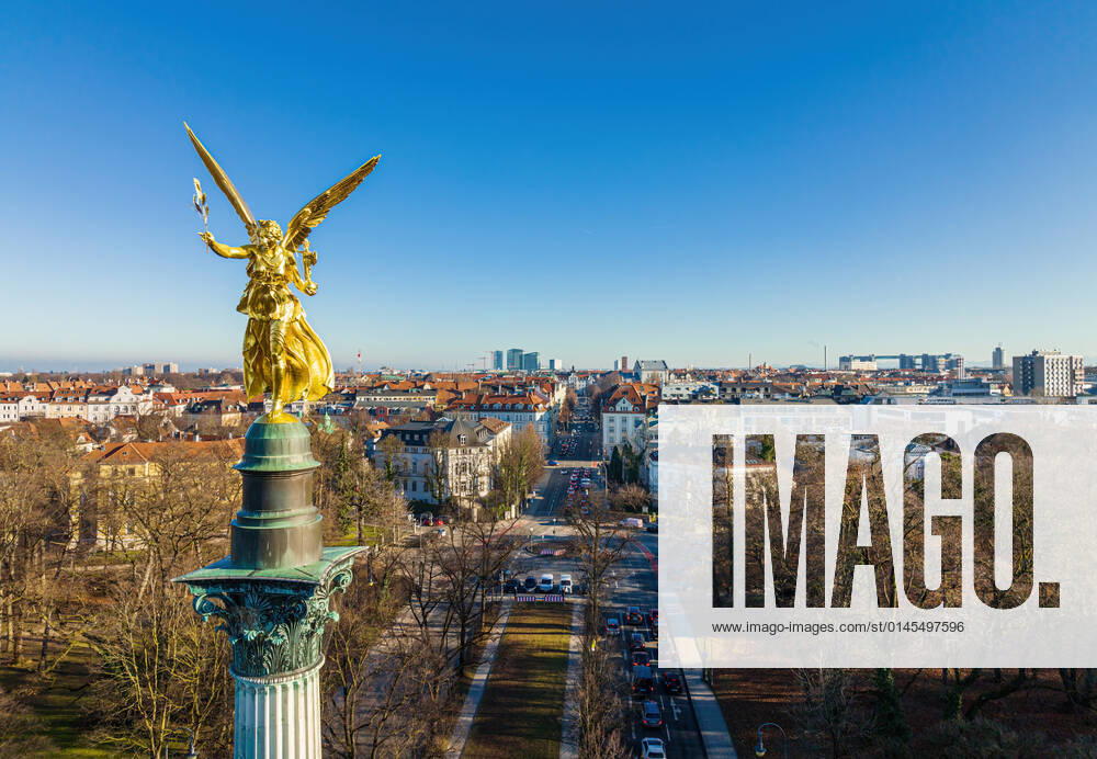 The Friedensengel overlooking Munich. Aerial view of the Friedensengel with the cityscape behind. Munich Germany