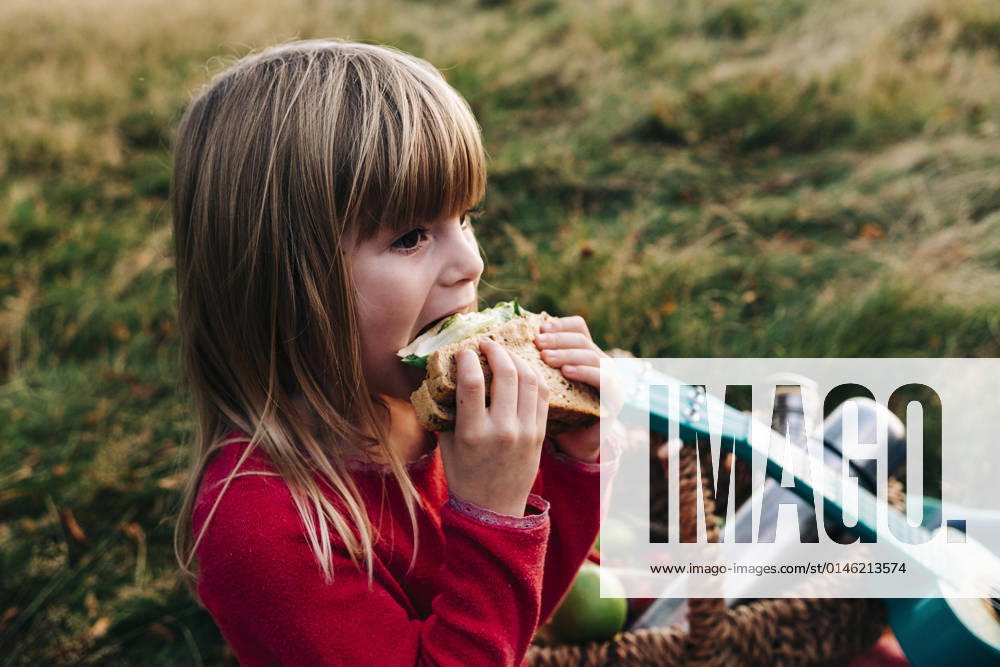 IMAGO Creative: Jahreszeit Frühling, Picknick Blond girl eating sandwich on grass model released, ASGF01670