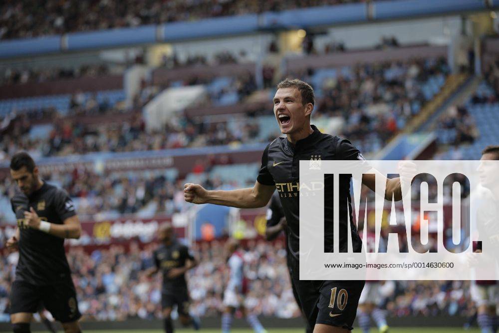 Edin Dzeko celebrates scoring to give Manchester City the lead at 2-1 - Football - Barclays Premier League - Aston Villa vs Manchester City - Villa Park Birmingham - Season 2013-2014 - September 28th 2013 - Photograph Malcolm Couzens Sportimage .
