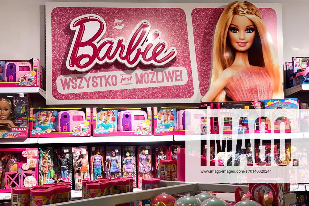 International Brands In Poland Barbie logo and products are seen at the toy shop in Krakow, Poland on December 30, 2021. Krakow Poland