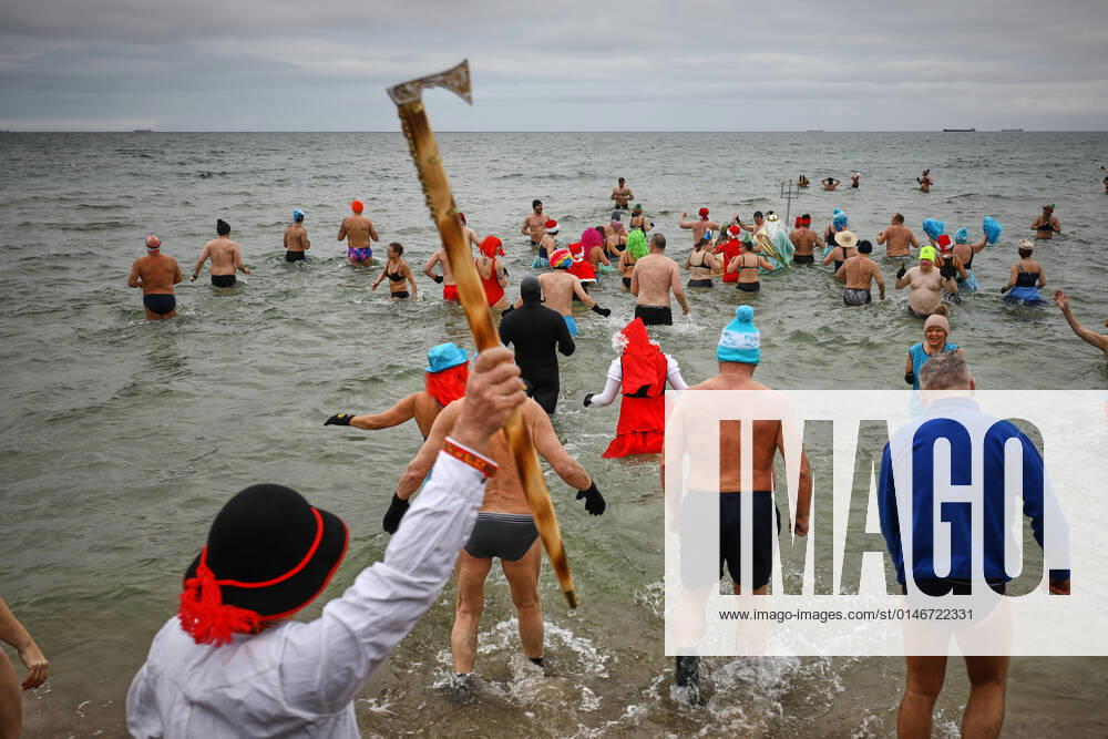 New Year s Cold Water Swim In Baltic Sea Peole in costumes enter the Baltic Sea during the traditionsl New Year s cold water swim in Gdansk, Poland on 01 January, 2022. About a hundred people took part in the traditional New Year s swim in the Baltic Sea braving the ice cold waters. Gdansk Poland