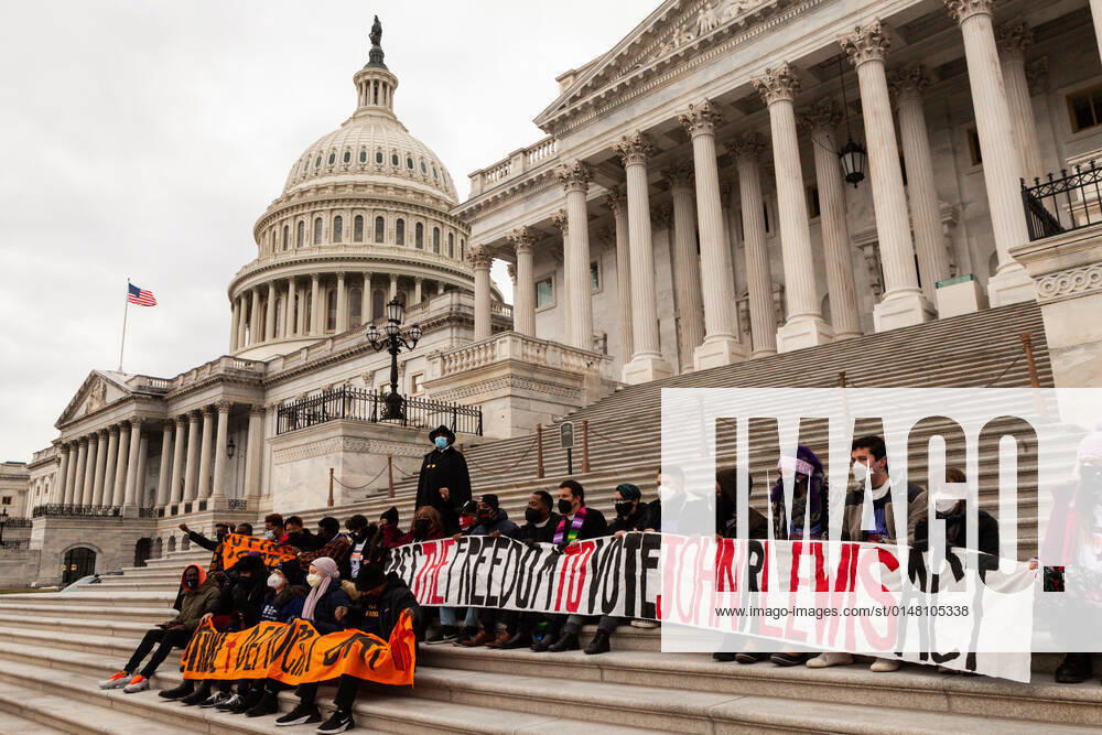 Hunger Strike for Voting Rights Faith Leaders and hunger strikers sit on the steps of the Senate chamber at the US Capitol in a civil disobedience action for voting rights. They are demanding passage of the John Lewis Voting Rights Advancement Act to protect the right to vote. This is a result of the passage of voting restriction laws in 19 states in the last year. Washington DC United States