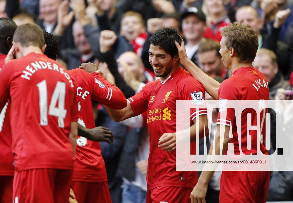 Liverpool s Luis Suarez celebrates scoring his third goal - Liverpool FC v West Bromwich Albion - Barclays Premier League - Anfield - Liverpool - England -26 10 2013 - .