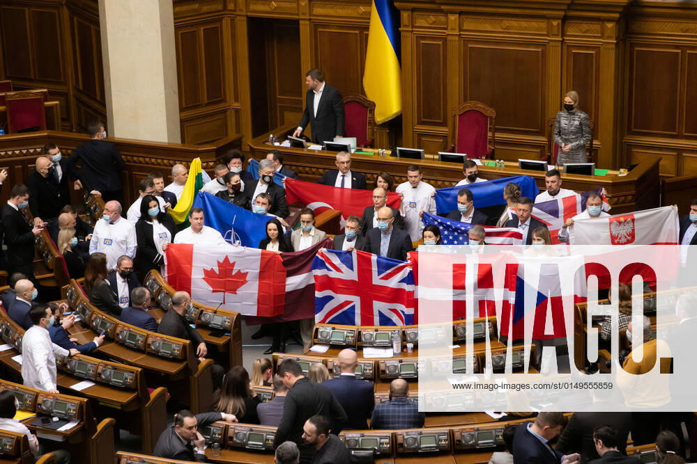 Members of various parties hold foreign countries national flags during the 7th session of the Verkhovna Rada of the 9th convocation. Irina Yakovleva TASS TS120D07