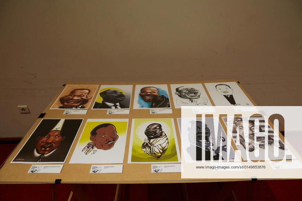 Artworks seen on display during the 23rd Porto Cartoon World Festival..Special Caricature Prize at the 23rd Porto Cartoon World Festival, featured an exhibition of Caricatures about the Nobel Peace Prize of Martin Luther King at the Municipal Library of Gondomar, Organized by the National Press Museum in Gondomar, Portugal. Porto Portugal - ZUMAs197 20220204_zaa_s197_119