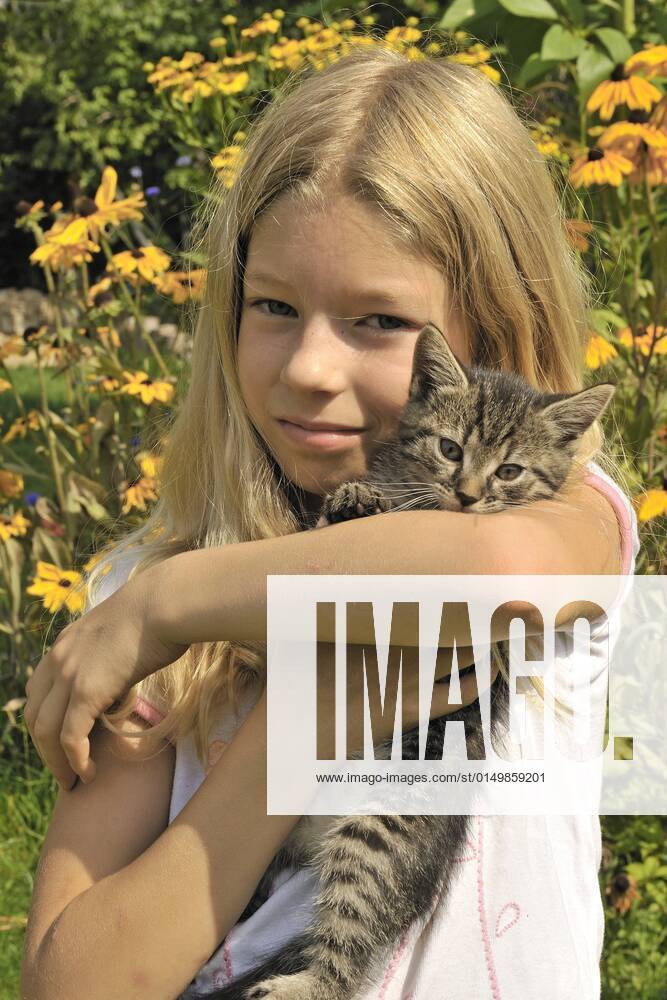 Hauskatze, Haus-Katze (Felis silvestris f. catus), kleines blondes Maedchen haelt gluecklich ein Kaetzchen auf dem Arm domestic cat, house cat (Felis silvestris f. catus), little blonde girl happily holding a kitten on her arm BLWS661198