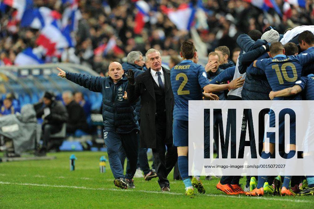 Didier Deschamps (entraineur -selectionneur France) Guy Stephan (entraineur adjoint France) Mathieu Debucy (France) FOOTBALL : France vs Ukraine - Barrages CDM 2014 - 19 11 2013 N.LeGouic FEP Panoramic