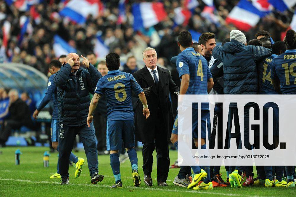 Didier Deschamps (entraineur -selectionneur France) Raphael Varane - Mathieu Valbuena (France) Guy Stephan (entraineur adjoint France) FOOTBALL : France vs Ukraine - Barrages CDM 2014 - 19 11 2013 N.LeGouic FEP Panoramic