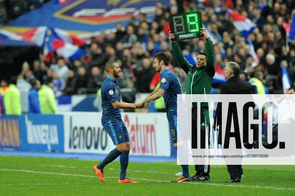 Didier Deschamps (entraineur -selectionneur France) Karim Benzema - Olivier Giroud (France) remplacement FOOTBALL : France vs Ukraine - Barrages CDM 2014 - 19 11 2013 N.LeGouic FEP Panoramic