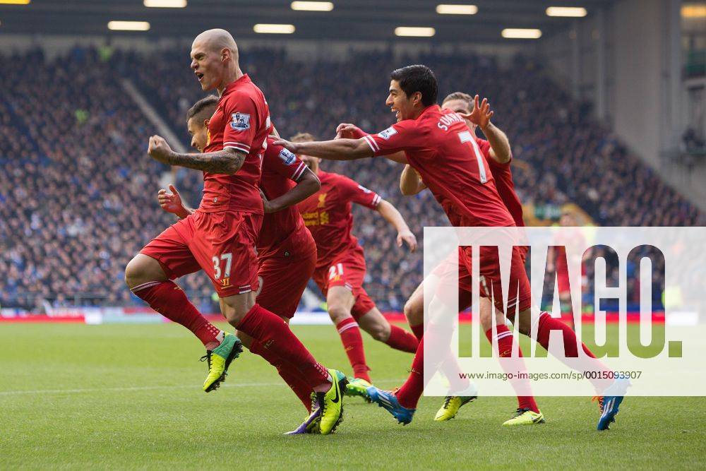 Martin Skrtel of Liverpool celebrates with opening goalscorer Phillipe Coutinho- Everton vs. Liverpool - Barclays Premier League - Goodison Park - Liverpool - 23 11 2013 Pic Philip Oldham Sportimage .