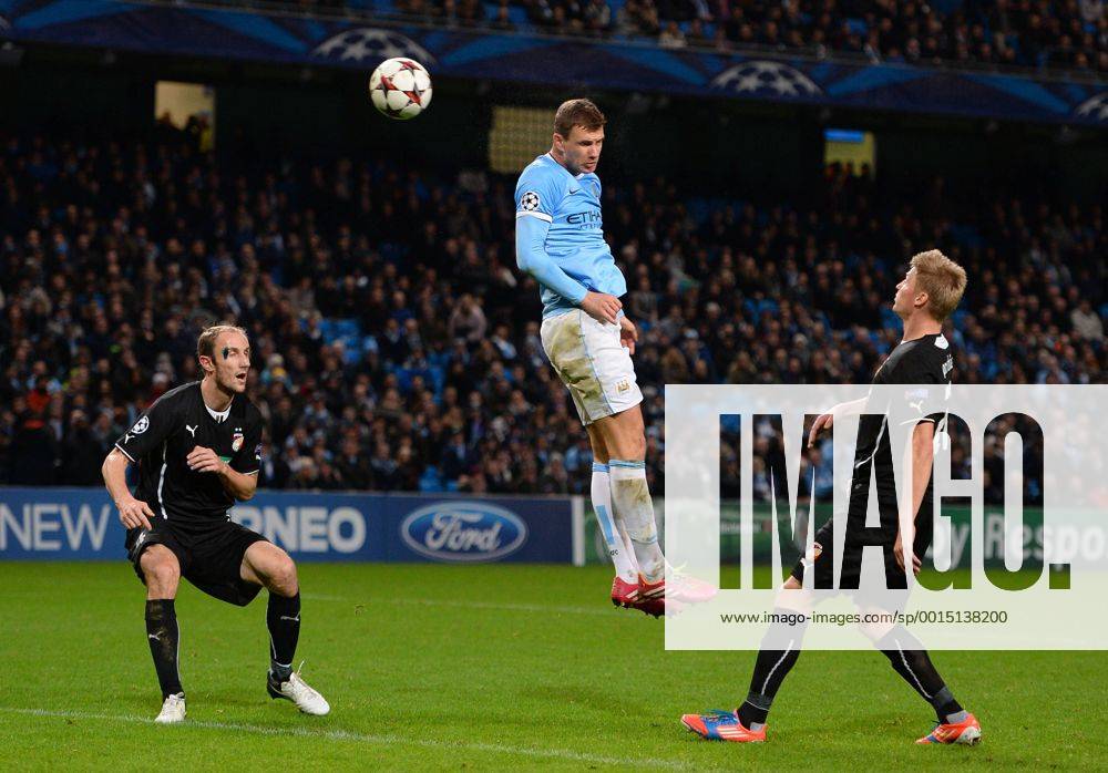 Edin Dzeko of Manchester City scores the fourth goal - UEFA Champions League Group D - Manchester City vs FC Viktoria Plzen - Etihad Stadium - Manchester - England- 27th November 2013 - Picture Simon Bellis Sportimage .