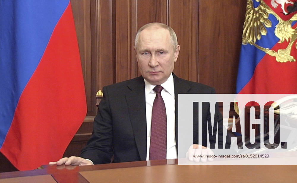 Russian President VLADIMIR PUTIN delivers an address to the Russian people announcing the invasion of Ukraine from the Kremlin in Moscow, Russia. Moscow Russia - ZUMAp138 20220224_zaa_p138_001