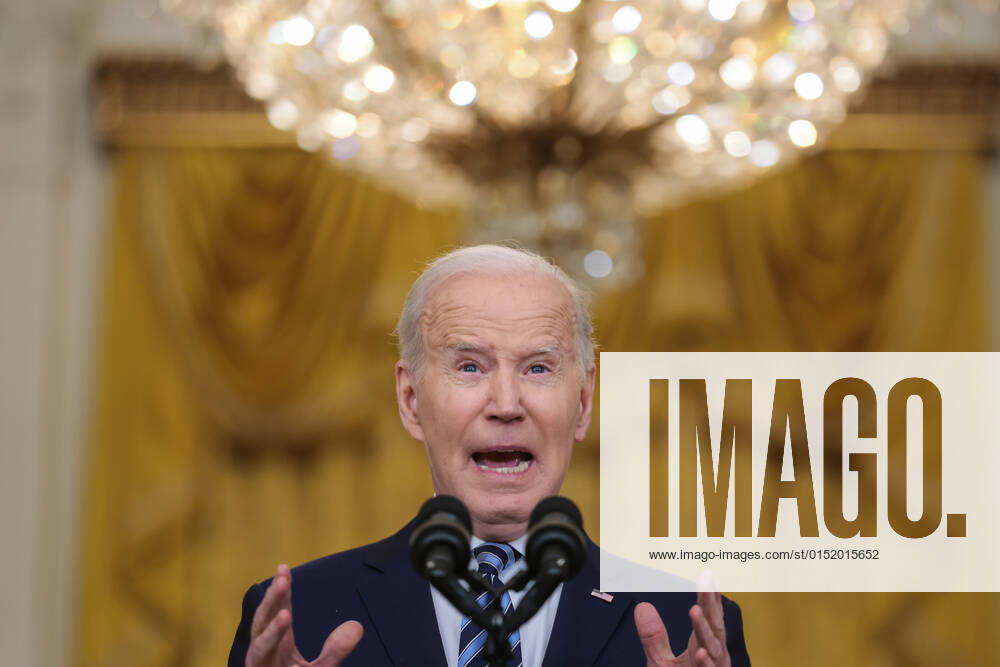 President Joe Biden delivers a statement on Russia and Ukraine in the East Room of the White House in Washington, DC on Thursday, February 24, 2022. The Biden administration called Russia s attack on the Ukraine unprovoked and unjustified and announced new sanctions against Russia. WASP2022022403 OliverxContreras