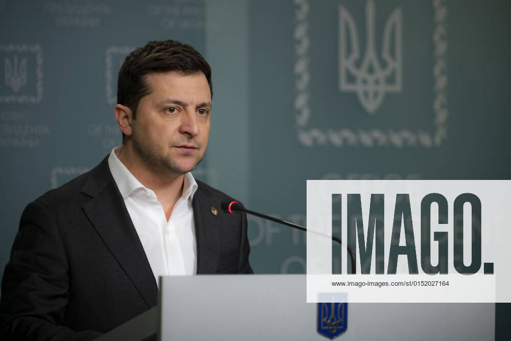 Ukrainian President VOLODYMYR ZELENSKY holds a briefing at the Office of the head of State. Zelensky announced that he was introducing martial law and urged people to remain calm. Kyiv Ukraine - ZUMA 20220224_int_z03_033