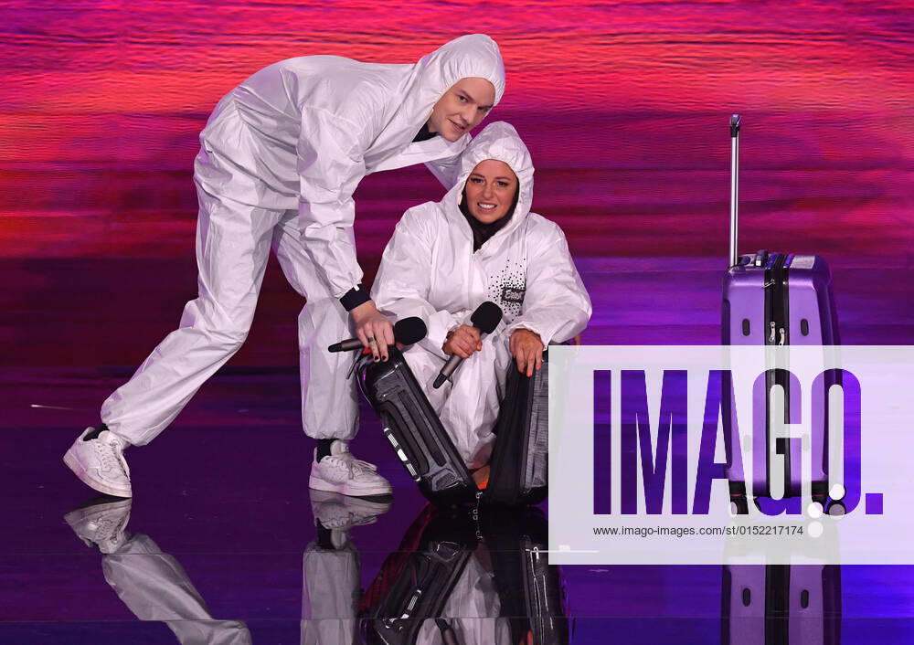 EUROVISION AUSTRALIA FINAL, Host s Joel Creasey (left) and Myf Warhurst (right) are seen during the Eurovision Australia Decides 2022 final at the Gold Coast Convention and Exhibition Centre on the Gold Coast, Saturday, February 26, 2022. ( NO ARCHIVING, , NO USE IN BOOKS WITHOUT CONSENT GOLD COAST QLD AUSTRALIA