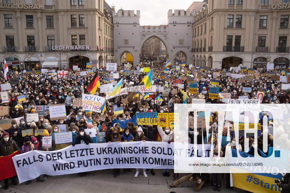 Demonstration for solidarity with Ukraine against Russia,in Munich, Germany. On February 26, 2022, thousands of participants gathered at the Satchus in Munich, Germany, to show their solidarity with Ukraine. The demonstrators demanded the immediate withdrawal of Russian troops, a political solution to the conflict, the support of the German government and immediate sanctions against Russia. Munich Bavaria Germany