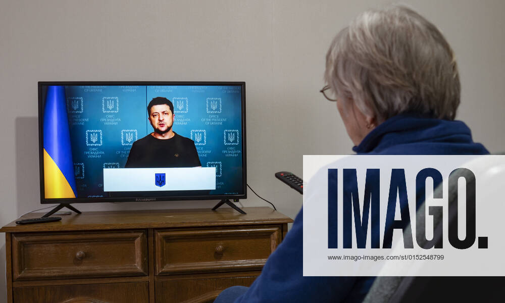 President Volodymyr Zelensky delivers an urgent televised address to the Ukrainian nation. He accuses Russia of attacking Babin Yar, a mass grave site for Jews who died during the Holocaust. He stresses that the aggressor is waging a war to destroy Ukraine, destroying its cities and villages, civilian infrastructure and committing war crimes. Kiev Ukraine - ZUMAs197 20220302_zaa_s197_031