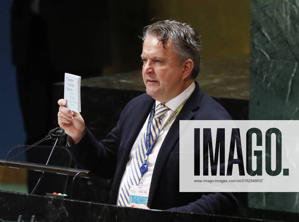 Ukraine Ambassador to the United Nations Sergiy Kyslytsya holds up the Charter Of The United Nations hand book while speaking as the Eleventh Emergency Special Session on the Ukraine Russia conflict continues in General Assembly Hall at United Nations Headquarters in New York City on Wednesday, March 2, 2022. Russian forces are continuing their attempted push through Ukraine from multiple directions. NYP20220302120 JohnxAngelillo