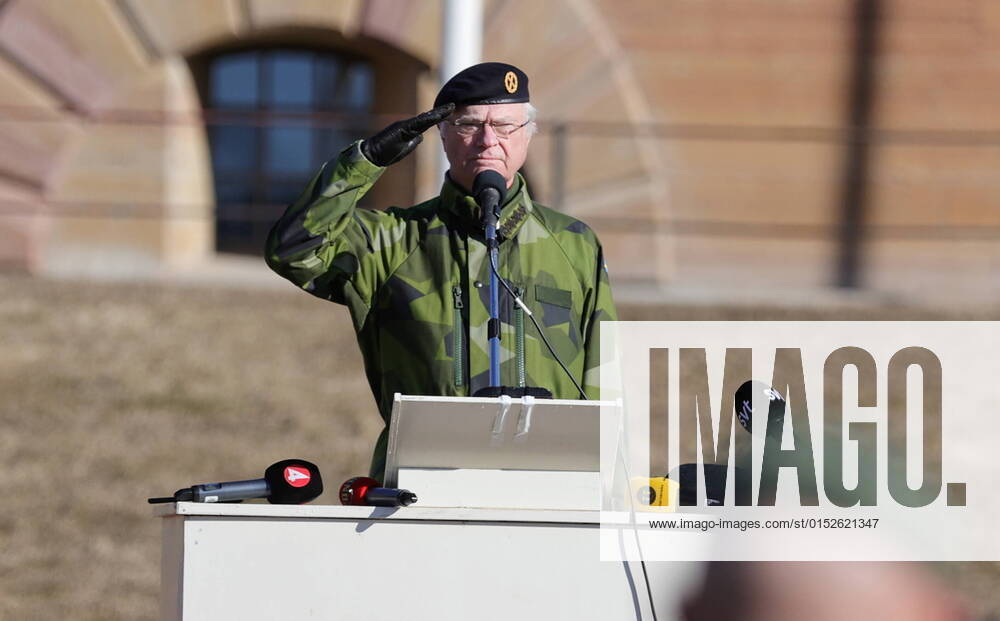 King Carl Gustaf attends a standard handover at the Life Regiment Hussars K3 in Karlsborg, Sweden, on March 07, 2022 KARLSBORG SWEDEN