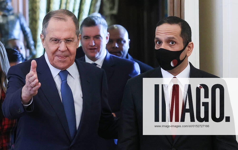 KW10 MOSCOW, RUSSIA - MARCH 14, 2022: Russia s Foreign Minister Sergei Lavrov (L) and Qatar s Deputy Prime Minister and Foreign Minister Mohammed bin Abdulrahman bin Jassim Al Thani meet for talks at the Russian Foreign Ministry s Reception House. Alexander Shcherbak TASS TS127A9F