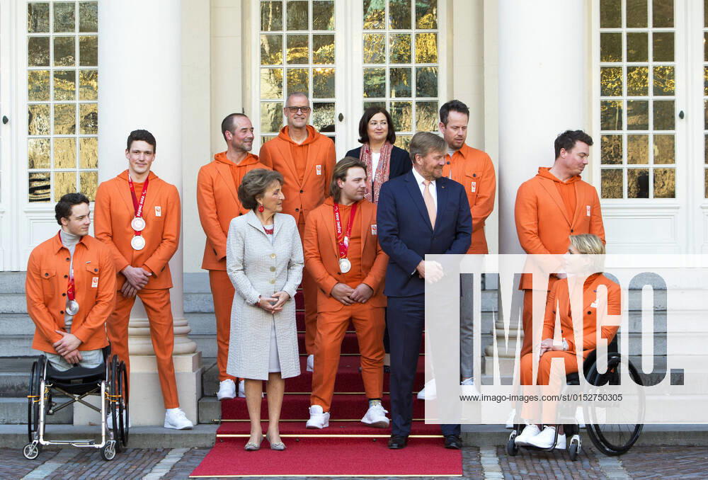 The Hague King Willem-Alexander and Princess Margriet with the Dutch medalists of the 2022 Paralympic Winter Games in Beijing at palace Noordeinde in The Hague. Zitskiers Niels de Langen and Jeroen Kampschreur and Snowboarder Chris Vos and chef de mission Esther Vergeer and minister Conny Helder Â