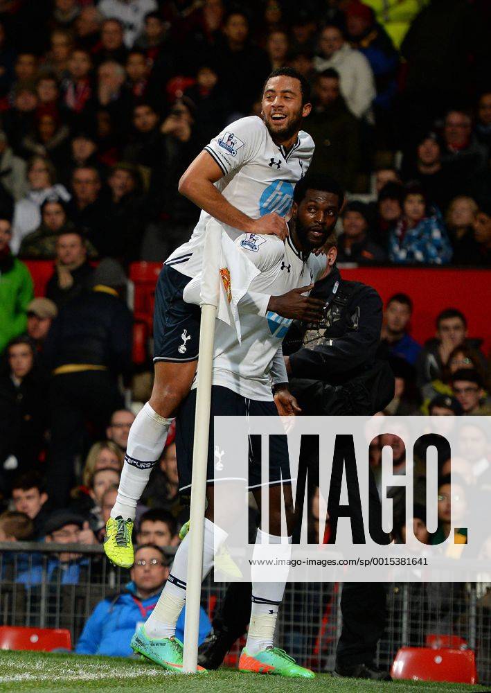 Emmanuel Adebayor of Tottenham celebrates his goal with Mousa Dembele of Tottenham - Barclays Premier League - Manchester Utd vs Tottenham - Old Trafford Stadium - Manchester - England - 1st January 2014 - Picture Simon Bellis Sportimage .