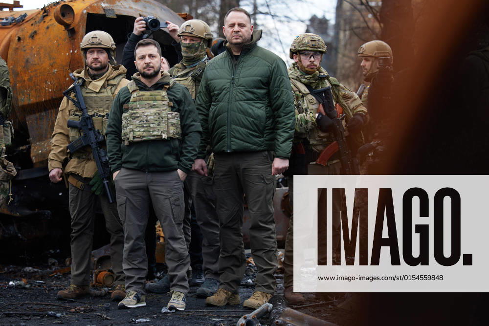 President of Ukraine VOLODYMYR ZELENSKYY visited the city of Bucha in the Kyiv region, where mass killings of civilians took place during the occupation by Russian troops. Zelenskyy visited the humanitarian aid center and talked to local residents. Bucha Ukraine - ZUMAz03_ 20220404_int_z03_039