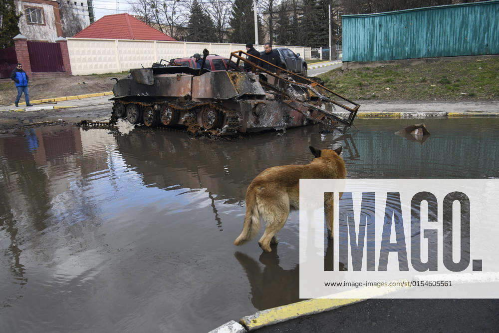 Ukraine-Krieg, Jahrestag der Invasion, Chronologie der Ereignisse, Archivbilder Ukraine-Konflikt, Eindrücke aus Butscha Situation In The Recaptured By The Ukrainian Army Bucha City Near Kyiv, Ukraine Street with destroyed Russian military machinery in the recaptured by the Ukrainian army Bucha city near Kyiv, Ukraine, 04 April 2022. Bucha Ukraine