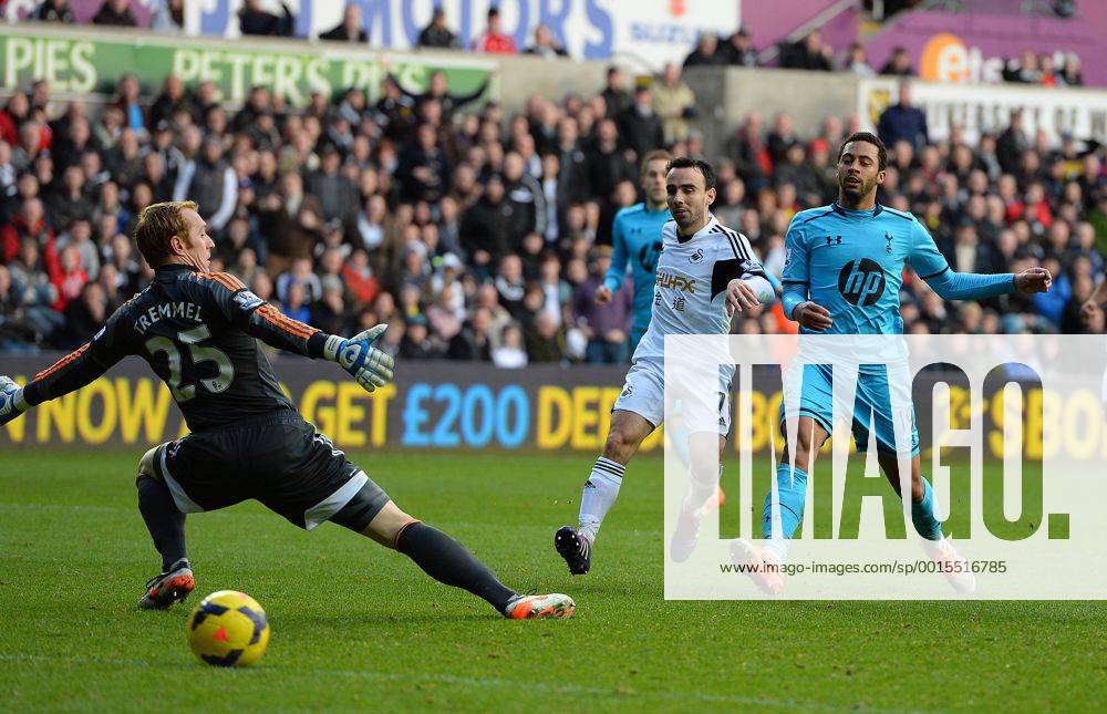 Mousa Dembele of Tottenham shoots wide with only the keeper to beat - Barclays Premier League - Swansea City vs Tottenham Hotspur - Liberty Stadium - Swansea - Wales - 19th January 2014 - .