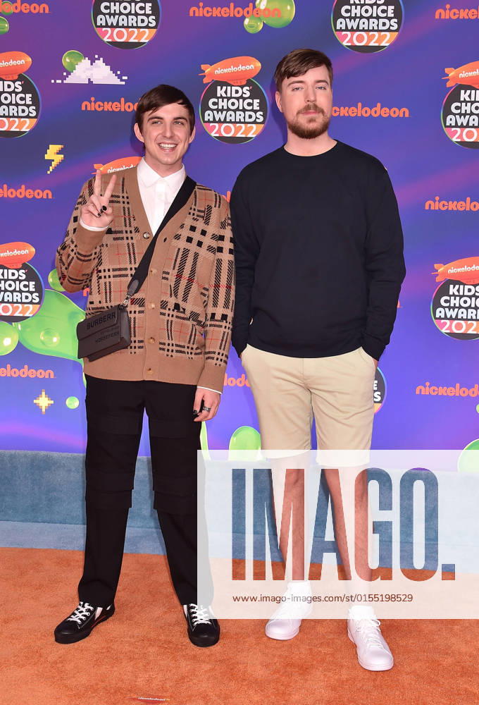 SANTA MONICA, CA - APRIL 9: Chris Tyson and MrBeast at the 2022 Nickelodeon Kids Choice Awards at the Barker Hangar in Santa Monica, California on April 9, 2022.