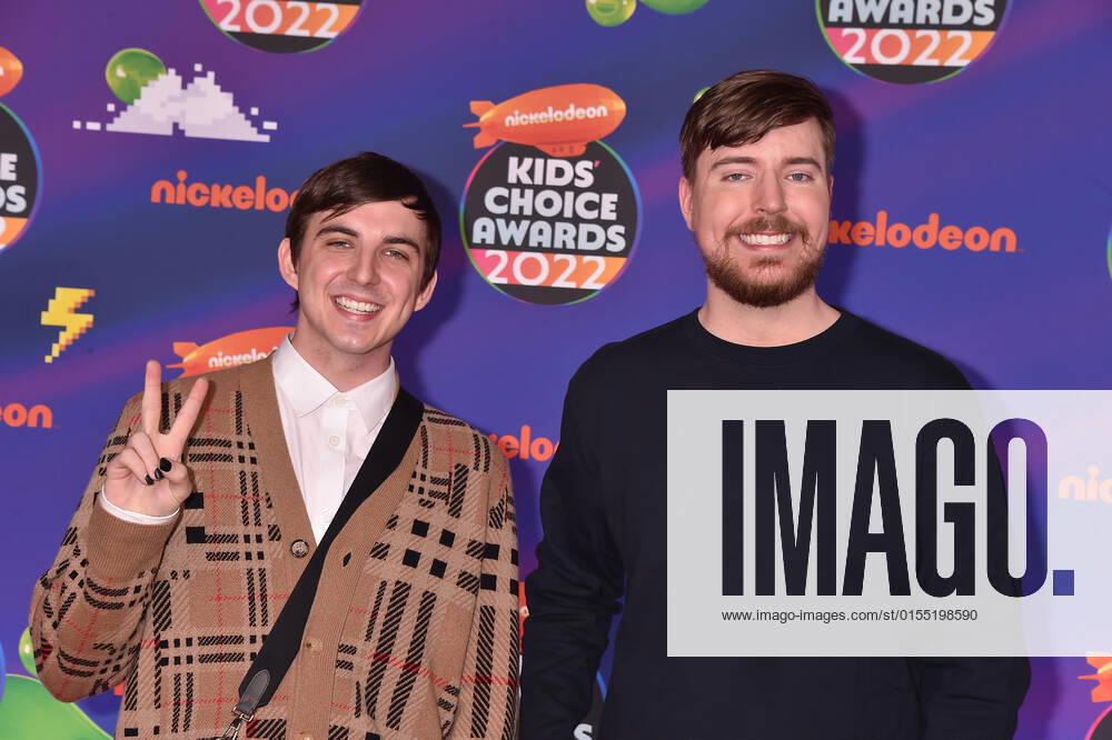 SANTA MONICA, CA - APRIL 9: Chris Tyson and MrBeast at the 2022 Nickelodeon Kids Choice Awards at the Barker Hangar in Santa Monica, California on April 9, 2022.