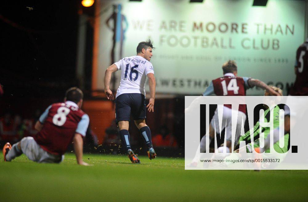 Football - 2013 2014 Capital One League Cup - Semi-Final: West Ham United vs. Manchester City Man City s Sergio Kun Aguero scores goal no 2 at Upton Park. COLORSPORT ANDREW COWIE