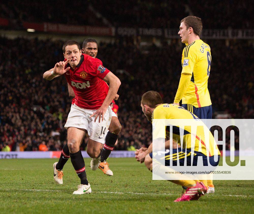 Javier Hernandez (Chicharito) of Manchester United (ManU) celebrates his goal which send the game to a penalty shoot out - Manchester United (ManU) vs. Sunderland FC - Capital One Cup Semi Final Second Leg - Old Trafford - Manchester - 22 01 2014 Pic PhilipOldham Sportimage .
