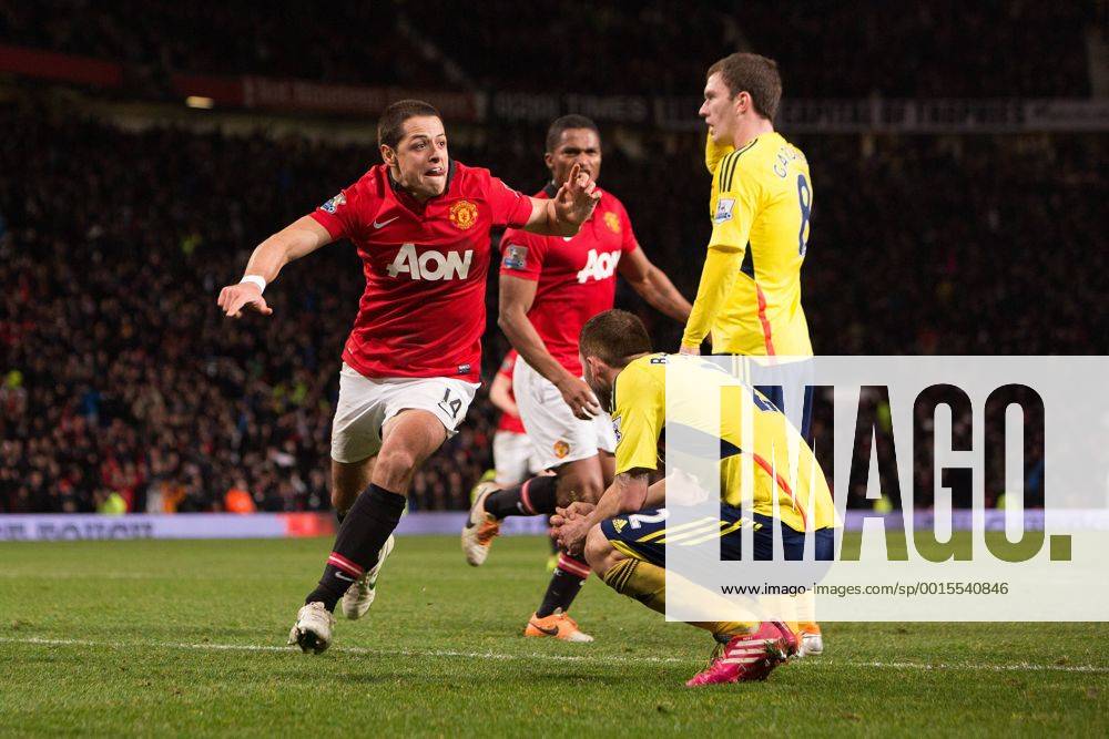 Javier Hernandez (Chicharito) of Manchester United (ManU) celebrates his goal which send the game to a penalty shoot out - Manchester United (ManU) vs. Sunderland FC - Capital One Cup Semi Final Second Leg - Old Trafford - Manchester - 22 01 2014 Pic PhilipOldham Sportimage .