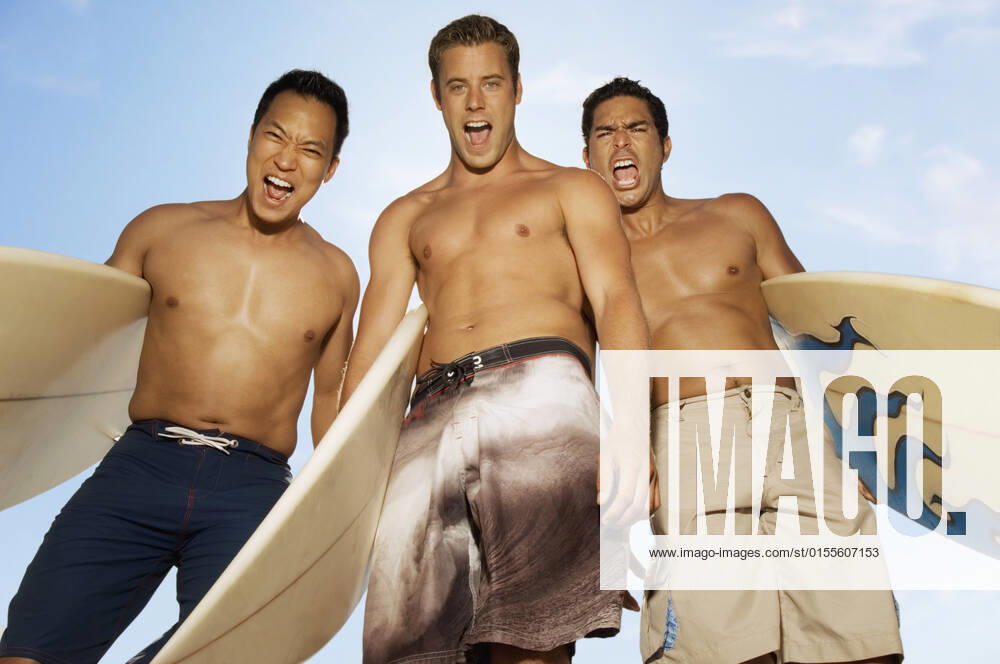 Excited Male Friends With Surfboards, model released, , 9868126.jpg, Leisure, 20-25 years, 25-30 years, Asians, Barechested, Whites, Young adult man, Vacation, Surfboard, Swim trunks, Surfing, Friends, Surfer, Eye contact, Group portrait, Half-length portrait, Summer, Excitement, Lifestyle, Human relationships, Outdoors, Recreation, Sports, Travel, View from below, Few, Photography, surf board, sports gear, athletic gear, Sports equipment, vacationer, vacationing, travel, living, life, Portrait, Half-length, guys, guy, young men, young man, young, man, Young adults, Men, Males, Adults, late twenties, late 20s, twentysomething, twenties, 20s adult, Mid-adult, early twenties, early 20s, destination, gaze, looking, Caucasian, below, low angle