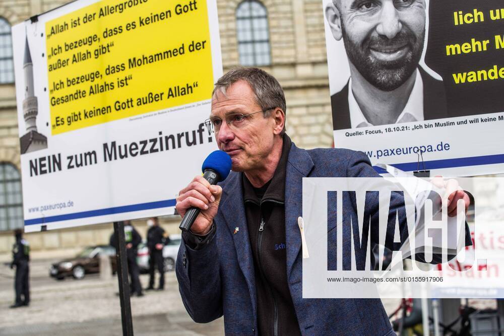 MICHAEL STUERZENBERGER wearing a symbolic toothbrush on his jacket. The toothbrush was used in the DDR-era and has made a comeback among the conspiracy theorist and Corona rebel circles. The far- to extreme-right group Buergerbewegung Pax Europa (Citizen Movement Pax Europa) led by the islamophobe Michael Stuerzenberger (Michael Sto¼rzenberger) returned to Munichâ€⠢s Stachus after a long absence with an audience that totaled a max of twenty. Munich Germany - ZUMAb160 20220416_zbp_b160_013