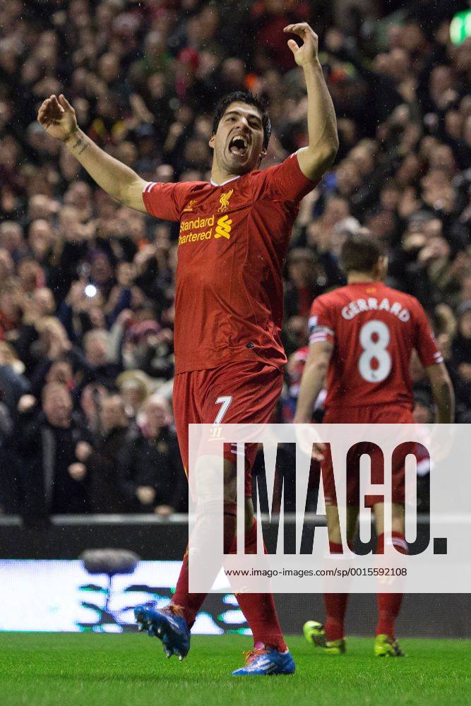 Luis Suarez of Liverpool celebrates scoring his sides fourth goal - Liverpool FC vs. Everton FC - Barclays Premier League - Anfield - Liverpool - 28 01 2014 .