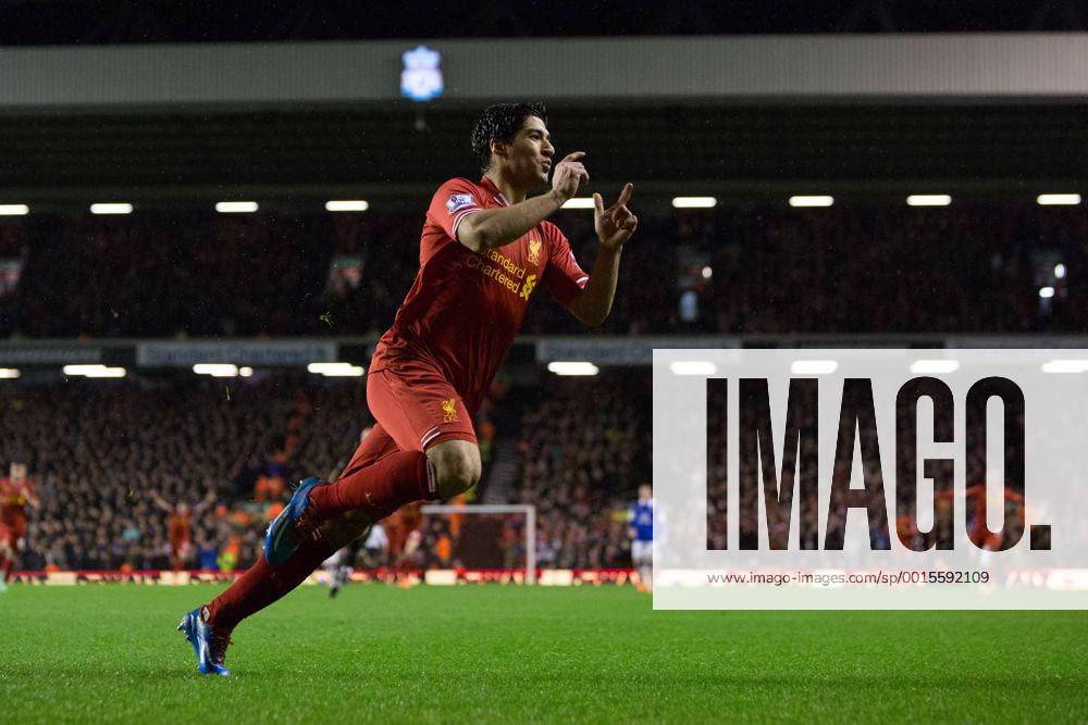 Luis Suarez of Liverpool celebrates scoring his sides fourth goal - Liverpool FC vs. Everton FC - Barclays Premier League - Anfield - Liverpool - 28 01 2014 .