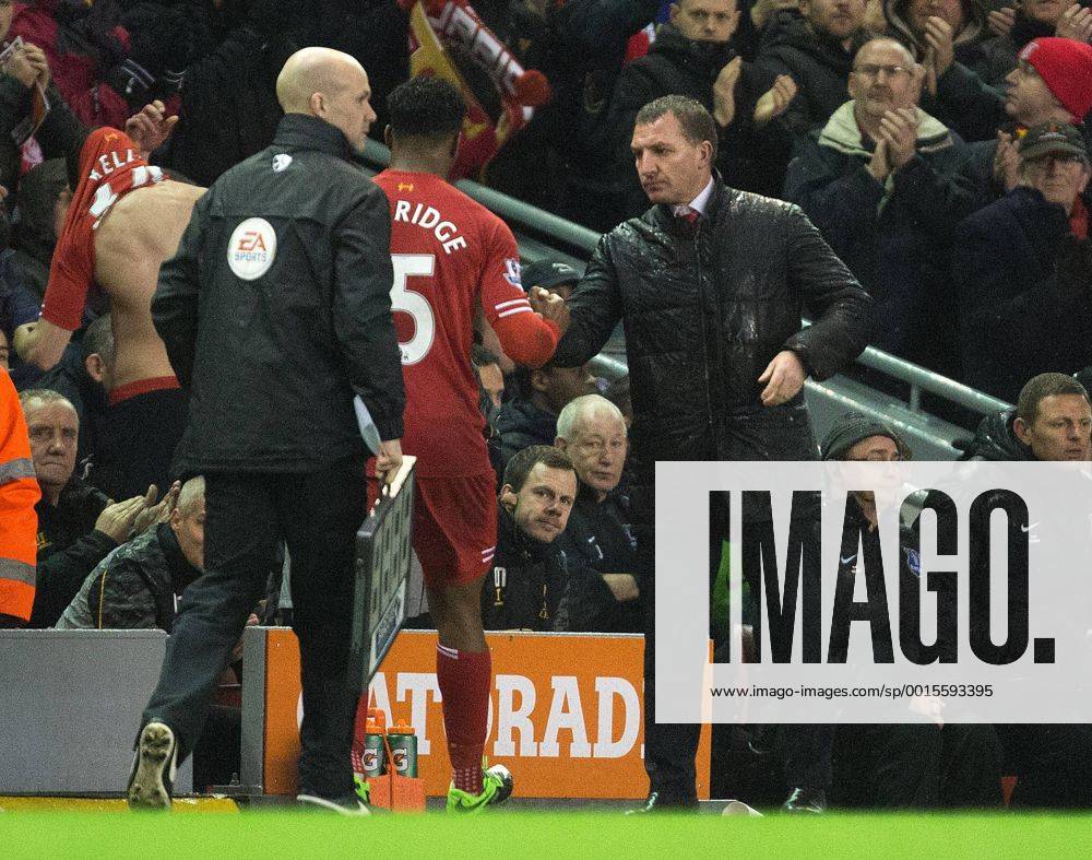 Manager of Liverpool, Brendan Rodgers congratulates Daniel Sturridge following his substitution - Liverpool vs. Everton - Barclays Premier League - Anfield - Liverpool - 28 01 2014 Pic Philip Oldham Sportimage .