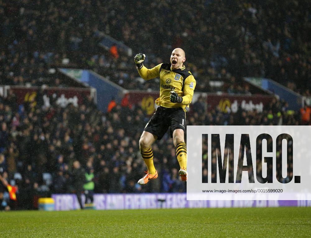 Aston Villa goalkeeper Brad Guzan celebrates his sides comeback from 2-0 down - Football - Aston Villa vs West Bromwich Albion - Villa Park Birmingham - Season 2013 14 - January 29th 2014 .