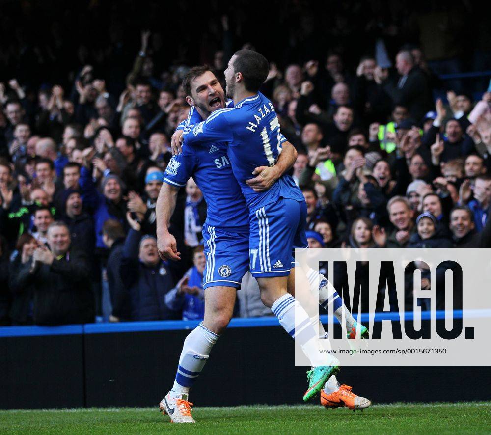 Chelsea s Eden Hazard celebrates scoring his sides opening goal with Branislav Ivanovic Chelsea vs Newcastle United - Premier League - Stamford Bridge - London - England - 08 02 2014 - Pic David Klein Sportimage .