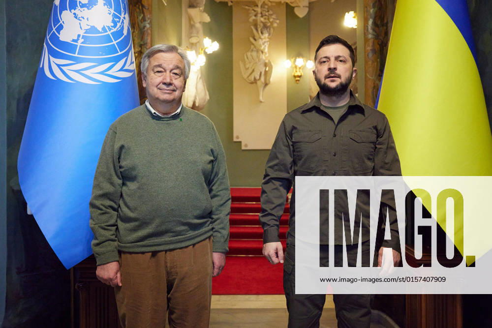 UN Secretary General ANTONIO GUTERRES, left, and Ukrainian President VOLODYMYR ZELENSKYY, right, during a joint press conference. Guterres is in Ukraine in an attempt to form a Contact Group to achieve a ceasefire and open safe humanitarian corridors. Kyiv Ukraine - ZUMAz03_ 20220428_int_z03_016