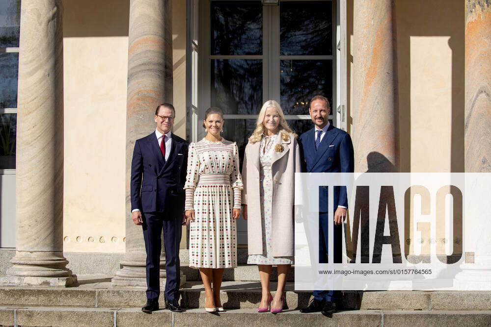 Sweden Prince Haakon and Princess Mette-Marit and Princess Victoria and Prince Daniel posing at Haga palace on the 1st day of the official 3 day visit of the Norwegian Crown Prince and Princess to Sweden. Â