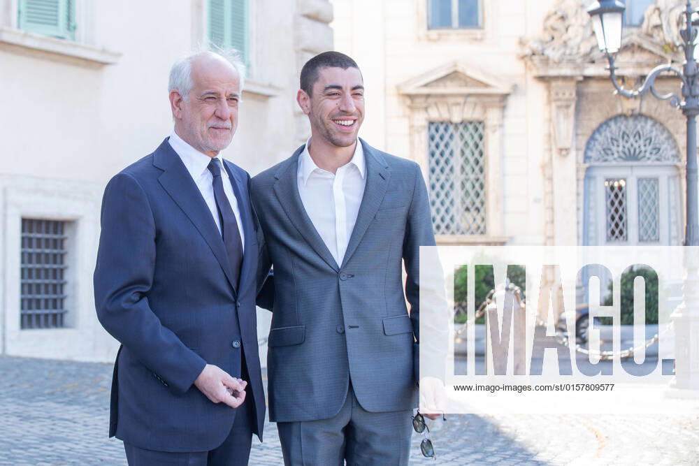 Italy: Nominees for David di Donatello 2022 Awards in Rome Toni Servillo and Eduardo Scarpettain front of entrance to Quirinal Palace in Rome for presentation ceremony of nominations for David di Donatello 2022 awards Rome Italy