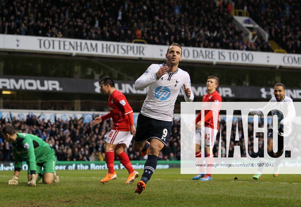 Tottenham s Roberto Soldado celebrates scoring his sides opening goal Tottenham vs Cardiff City - Premier League - White Hart Lane - London - England - 02 03 2014 - Pic David Klein Sportimage .