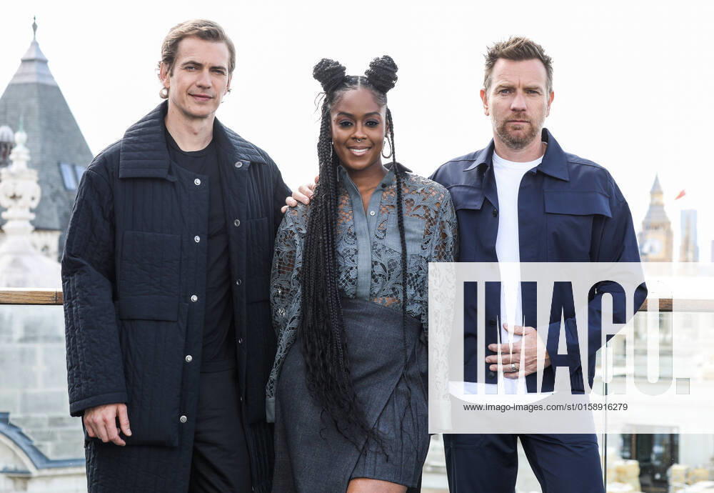 (L-R) Moses Ingram, Hayden Christensen, and Ewan McGregor attend a photocall for the new Disney+ limited series Obi-Wan Kenobi at the Corinthia in London. London United Kingdom - ZUMAs197 20220512_zaa_s197_304