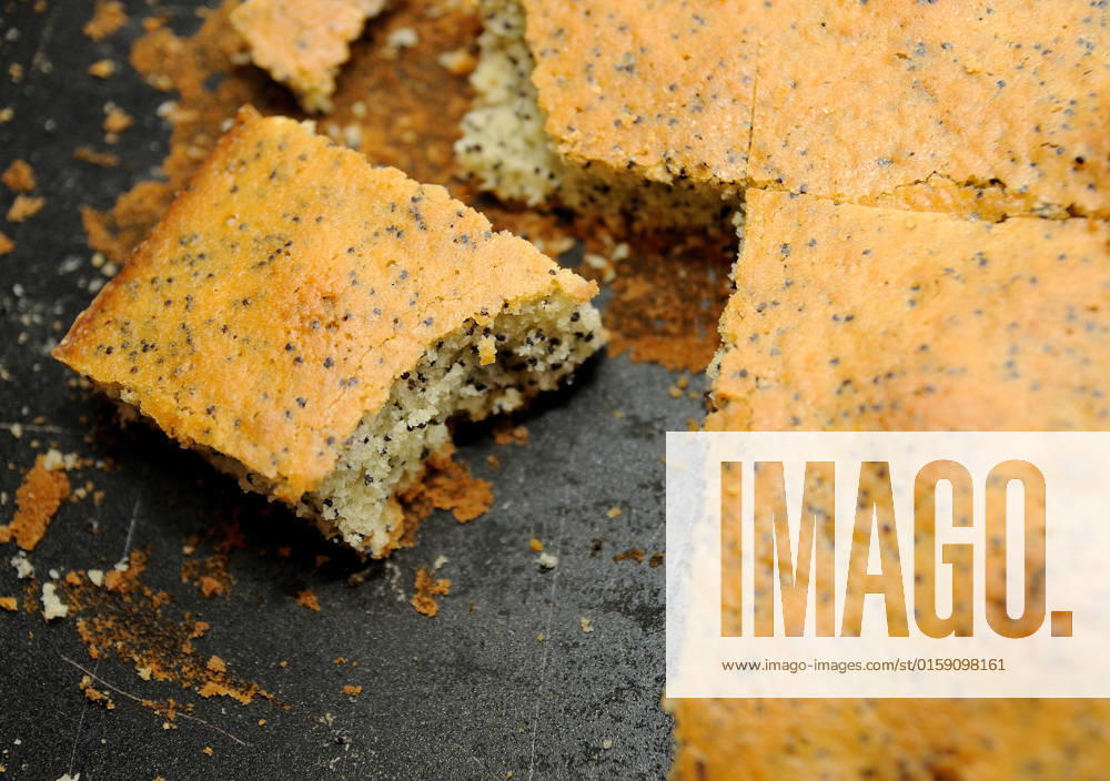 IMAGO Creative: Food, Mohn Cut piece of poppy cake on the pan. , 22230160.jpg, pan, roaster, piece, detail, poppy, cake, food, dessert, pastry, sweet, delicious, seed, bake, bakery, homemade, closeup, portion, traditional, confectionery, cut, baked, poppy seed cake, close-up, crumble, crumb,