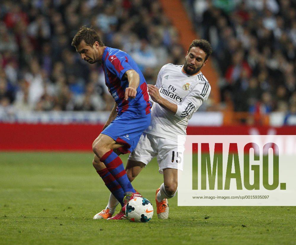 League BBVA match played between Real Madrid and UD Levante. In this picture, Loukas Vyntra and Dani Carvajal.