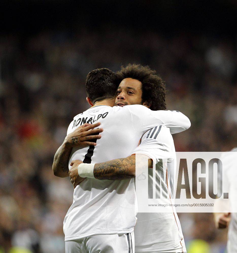 League BBVA match played between Real Madrid and UD Levante. In this picture, Cristiano Ronaldo celebrates second goal with Marcelo.
