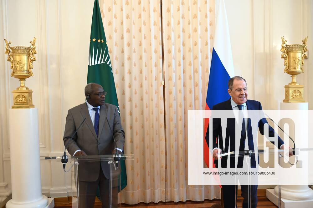 Russia Africa Day 8199880 25.05.2022 Russian Foreign Minister Sergey Lavrov and Cameroonian Ambassador to Russia Mahamat Paba Sale attend a reception for heads of diplomatic missions of African countries to mark Africa Day commemorating the foundation of the Organisation of African Unity in 1963, in Moscow, Russia. Maksim Blinov Sputnik Moscow Russia